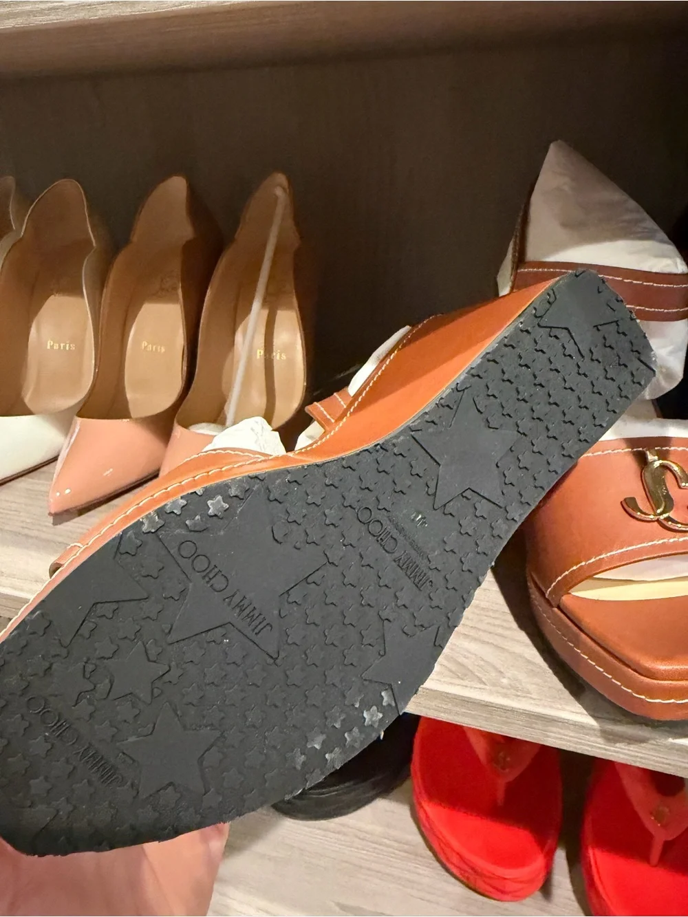 Jimmy Choo Tan Leather Wedge Sandals with Gold Hardware